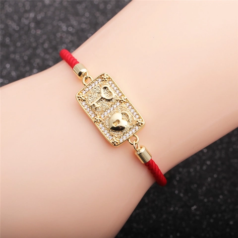 Bracciale Cuore Serratura Chiave Rame Micro Zircone Corda Rossa Catena Sfere Oro Gioielli Tendenza Elegante Per Donne