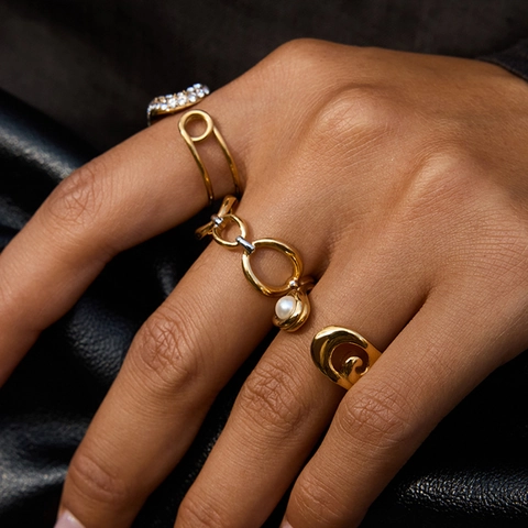 Anello In Acciaio Inossidabile Geometrico Impermeabile Ipoallergenico Per Donna Perla Artificial Sintetica Strass Gioielli Regolabili