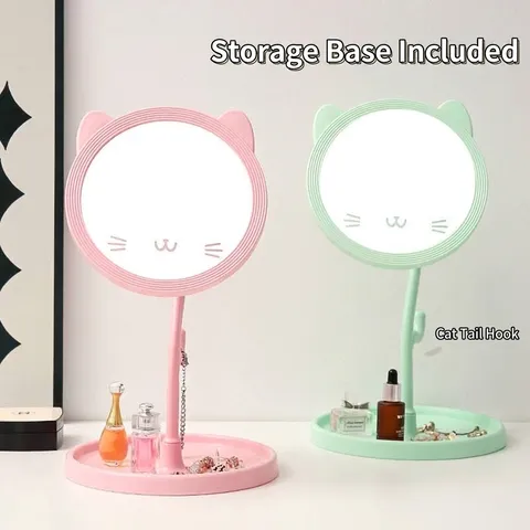 Miroir de Maquillage de Bureau Mignon Forme d'Oreille de Chat Avec Plateau de Rangement pour Bijoux Crochet Cadre en Plastique Miroir Rond