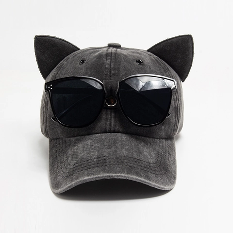 Washed Cotton Baseball Cap Mit Süßen Katzenohren Und Integrierter Brille Retro Sonnenschutz Street Style Hut Erwachsene