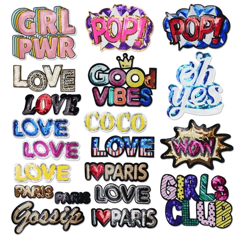 Grands Écussons Brodés À Paillettes Lettres Applique En Tissu Brillant Pour Vêtements Sacs Décoration DIY Style Slogan