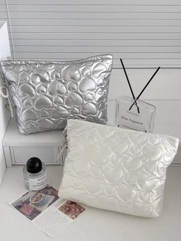 Borsa Trucco Trapuntata Cuore Impermeabile Grande Capacità Organizzatore Trucchi Pochette Viaggio Ciondolo Perla Artificial Chic