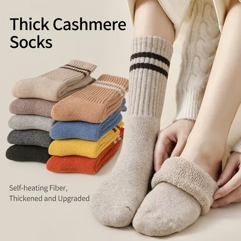 Wool Blend Crew Socks Thickened Thermal Warm Mid Calf Ribbed Striped Retro Casual Hosiery For Men And Women Winter