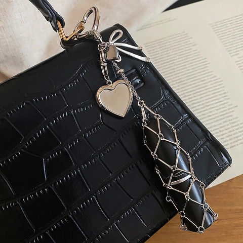 Silver Metal Keychain Copper Alloy Heart Star Clasp Locket Long Tassel Bow Bag Charm Pendant Unique Accessory For Women