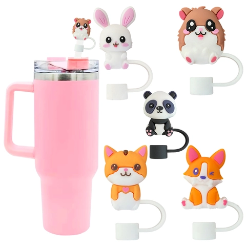 Cute Cartoon Animal Silicone Straw Covers 10mm Dustproof Reusable Straw Caps For Tumbler Hamster Rabbit Panda Fox Cat Topper