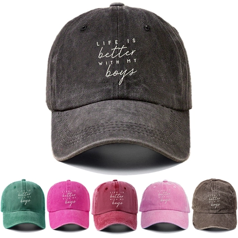 Cappello Da Baseball In Cotone Lavato Stile Distressed Parasole Life Is Better With My Boys Slogan Regolabile
