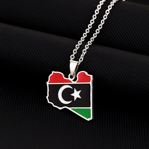 Libyen Karte Flagge Anhänger Halskette Edelstahl Ethno Stil Retro Schmuck Unisex Accessoires