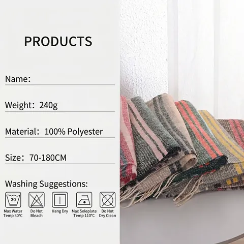 Women Winter Scarf Warm Shawl Wrap Imitation Cashmere Polyester Striped Herringbone Pattern Soft Elegant Long Tassel Scarf