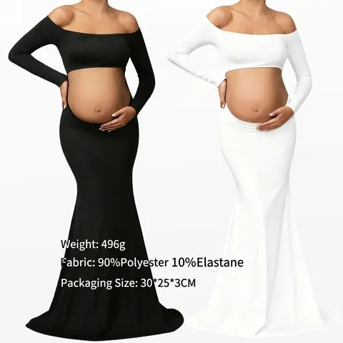Abbigliamento Fotografia Maternità Spalle Scoperte Crop Top Maniche Lunghe E Gonna Sirena Lunghezza Pavimento Poliestere