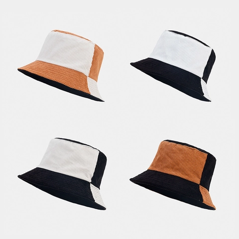 Color Block Corduroy Bucket Hat Retro Patchwork Sunshade Fisherman Cap For Autumn Winter Outdoor Travel Casual Wear