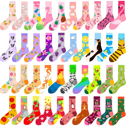 Cartoon Animal Fruit Patterned Cotton Knit Crew Socks Sweat Wicking Soft Casual Trendy Unisex Hosiery