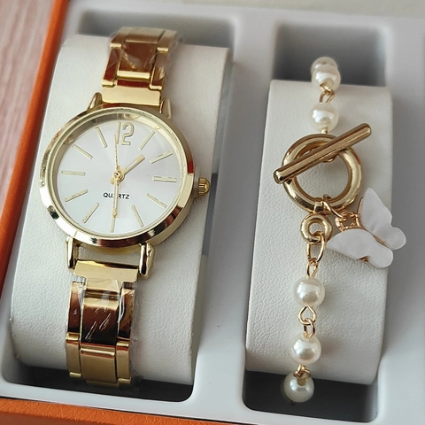 Conjunto de Reloj de Cuarzo y Pulsera de Moda para Mujer Aleación Correa de Metal con Diamantes de Imitación Elegante Reloj de Pulsera Casual Conjunto de Regalo