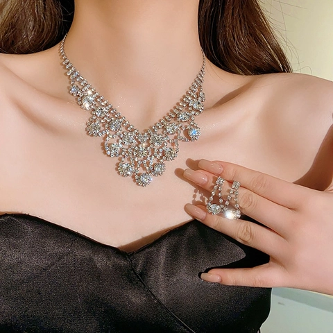 Water Drop Rhinestone Necklace And Earrings Jewelry Luxury Bridal Wedding Evening Party Elegant Alloy Accessory For Women