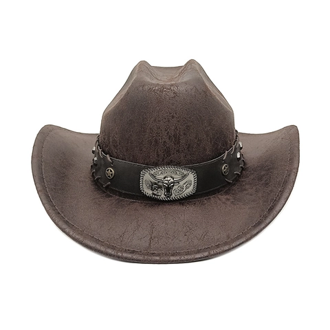Western Cowboy Hat Vintage Cracked Faux Leather With Bull Head Buckle Star Rivets Retro Jazz Fedora For Outdoor Travel