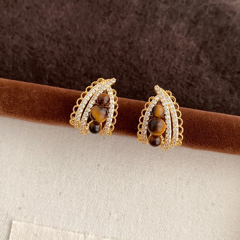 Orecchini A Lobo Vintage A Goccia D'acqua Con Pietra Occhio Di Tigre Zircone Rame E Perno In Argento Sterling 925