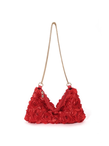 Three Dimensional Rose Flower Evening Bag Satin Floral Underarm Purse With Golden Metal Chain For Women Wedding Party Elegant