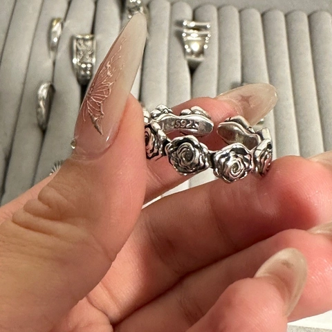 Rose Flower Relief Silver Plated Copper Adjustable Open Ring Vintage Handmade Aesthetic Jewelry For Women