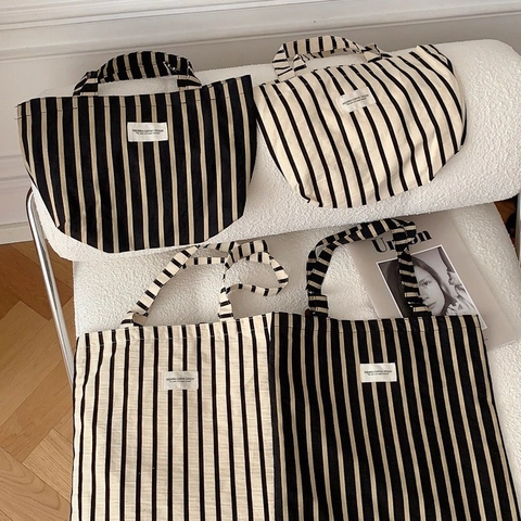 Sac Cabas En Toile À Rayures Verticales Grande Capacité Motifs Minimalistes Sac À Main Épaule Pour Femmes Quotidien Voyage École Travail