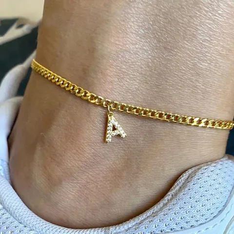 Chaîne de Cheville Maille Gourmette en Acier Inoxydable pour Femme Pendentif Lettre Majuscule en Strass Bijoux de Plage