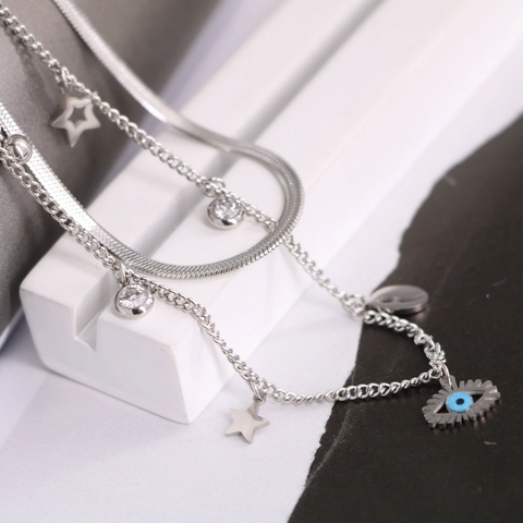 Bohemian Stainless Steel Jewelry Necklace And Bracelet Double Layered Snake Chain Blue Evil Eye Star Zircon Fashion For Women