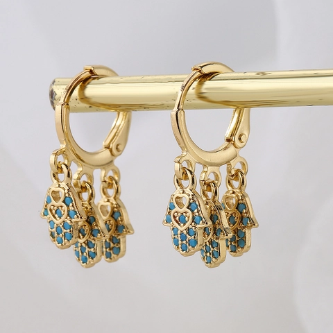 Hamsa Hand Huggie Hoop Ohrringe Kupfer 18K Vergoldet Dreifache Fatima Hand Micro Pave Bunte Zirkon Schmuck
