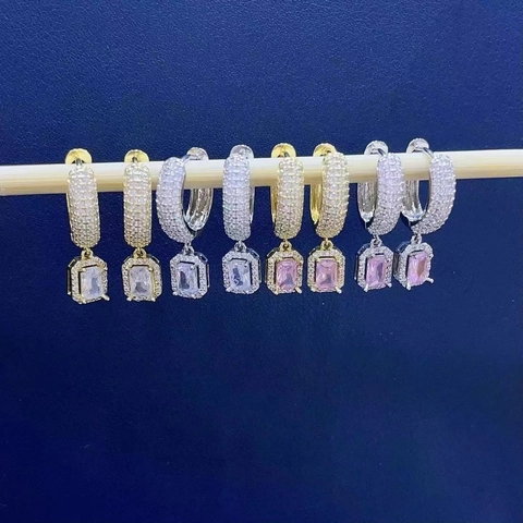 Luxury Copper Pave Rhinestone Square Hoop Earrings For Women Fashion Pink White Crystal Rectangular Dangle Earrings Jewelry