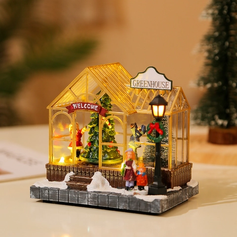 Weihnachten Leuchtend Musik Gewächshaus Harz LED Musikalisch Miniatur Landschaft Tisch Ornament Für Feiertag Haus Deko Geschenk