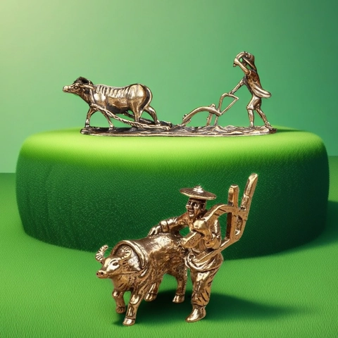 Statuetta Miniatura Contadino Con Bue In Ottone Vintage Arte Popolare Cinese Decorazione Scrivania Scultura Tradizionale