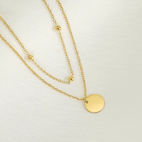 Collana A Doppio Strato Acciaio Inossidabile Placcato Oro 18K Pendente Rotondo Perline Dorate Catena Minimalista Gioielli Donna