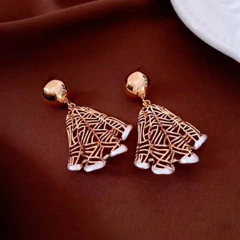 Pendientes Colgantes Geométricos Abanico Hueco Chapados En Oro 18K Vintage Con Perla Artificial Sintética Y Poste De Plata 925