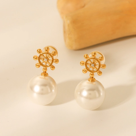 Orecchini A Lobo Timone Nautico Placcati Oro 18K Acciaio Inossidabile Con Perla Artificial Sintetica Piccolo Zircone Per Donna