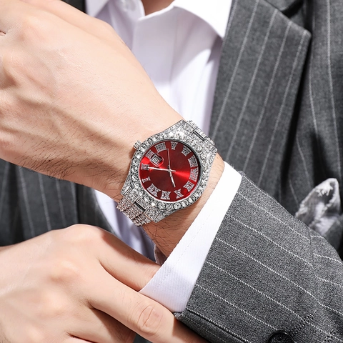 Men's Quartz Watch Iced Out Rhinestone Stainless Steel Band Calendar Roman Numerals Hiphop Luxury Fashion Wristwatch