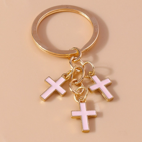 Cross Keychain Gold Plated Zinc Alloy Enamel Drip Oil Pendants Retro Religious Bag Charm Vintage Keyring