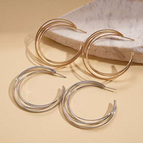 Orecchini A Cerchio Geometrici Multistrato A Forma Di C Per Donna Gioielli Minimalisti In Metallo Con Silver Earring Post