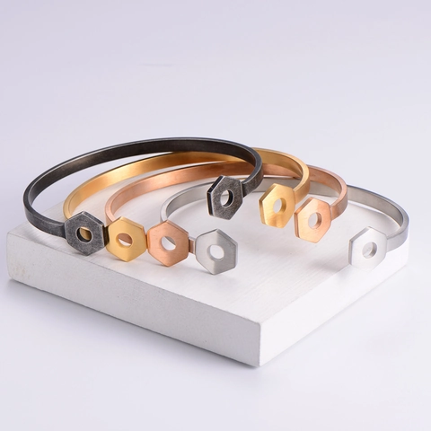 Industrial Style Stainless Steel Open Cuff Bracelet With Hexagon Nut Ends Mechanical Brushed Finish Bangle Cool Jewelry