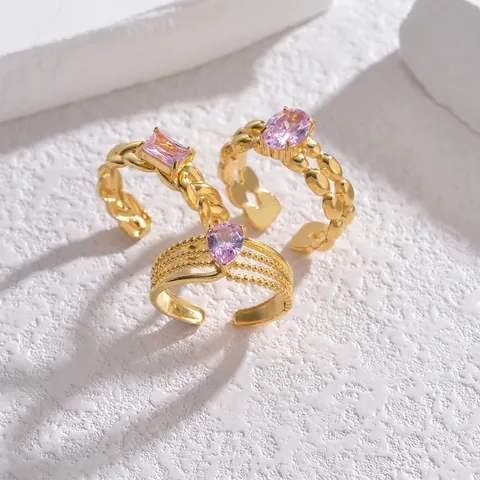 Anillo Ajustable De Acero Inoxidable Chapado En Oro De 18K Para Mujer Joyería Vintage Geométrica Zircón Rosa Trenzado Retorcido Espiga Trigo