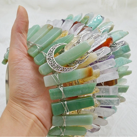 Böhmische Naturstein Kristall Mond Krone Stirnband Handgefertigte Drahtgewickelte Witchy Gothic Tiara Für Frauen Hochzeit