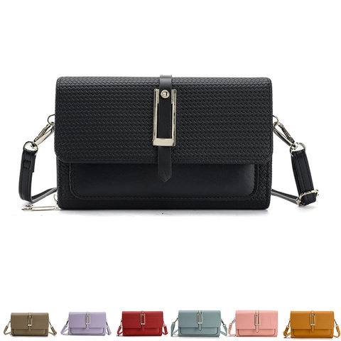 Women Crossbody Bag PU Leather Woven Texture Dual Zipper Multi Compartment Phone Pouch Wallet Small Shoulder Bag