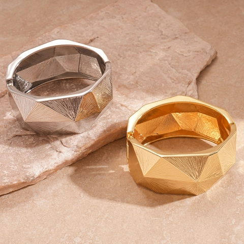 Geometric Faceted Bangle Bracelet Alloy Metal Radial Texture Hinged Open Irregular Minimalist Luxury Jewelry For Women