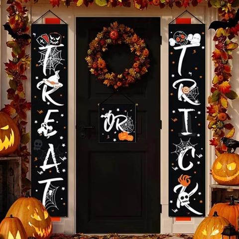 Halloween Banner Voor Veranda Trick Or Treat Deurdecoratie Polyester Patroon Pompoen Spook Vleermuis Buiten Feest Decoratie