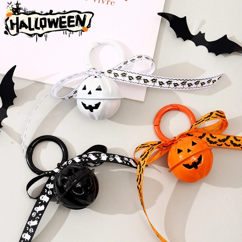 Llavero De Campana De Calabaza De Halloween Metal Jack-O-Lantern Adorno Para Bolso Con Lazo De Cinta Regalo De Fiesta