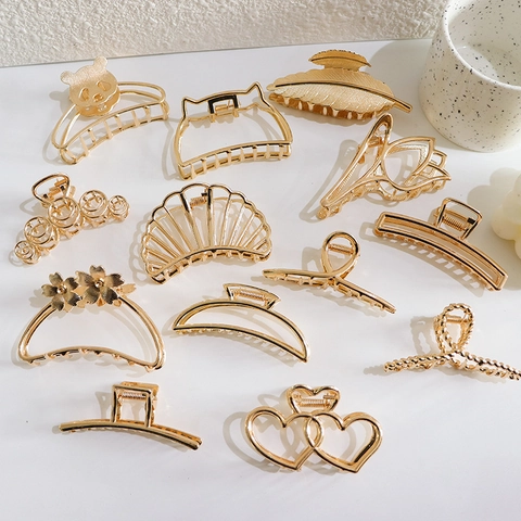 Elegant Gold Alloy Hair Claw Clips Heart Flower Panda Geometric Shape Strong Hold Shark Clips For Women Girls Hair Accessories