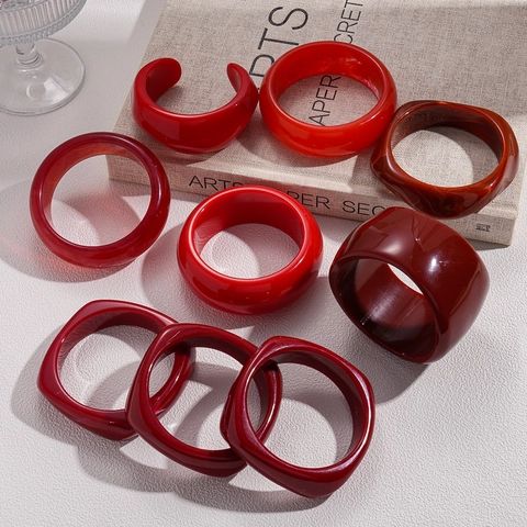 Chunky Resin Bangle Bracelet Wide Irregular Marble Pattern Red Vintage Fashion Jewelry For Women
