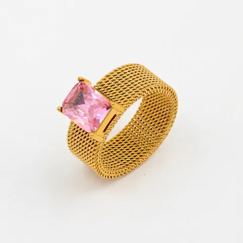 Luxury 18K Gold Plated Stainless Steel Mesh Ring With Colorful Rectangle Zircon Inlaid Geometric Fashion Jewelry For Women