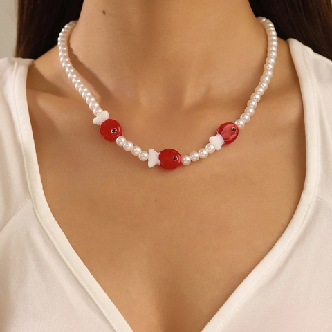 Colorful Beaded Necklace With Imitation Artificial Pearl And Resin Fish Heart Pendant Sweet Fashion Jewelry For Women