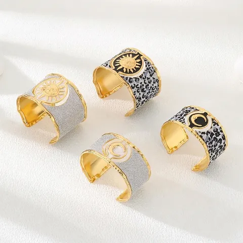 Brazalete Ancho Relieve Sol Luna Acero Inoxidable Estampado Leopardo Ajustable Borde Ondulado Retro Bohemio Mujer