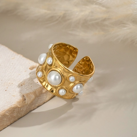 Hammered Texture Wide Open Ring 304 Stainless Steel With Imitation Artificial Pearls Gold Plated Waterproof Jewelry For Women