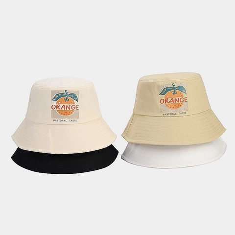 Women Cotton Canvas Bucket Hat Orange Fruit Print Wide Brim Sun Protection Vintage Pastoral Summer Outdoor
