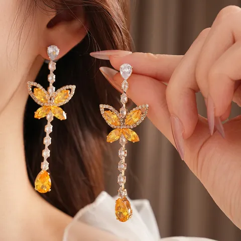 Luxury Butterfly Waterdrop Tassel Drip Earrings Copper Cubic Zirconia With Silver Earring Post Palace Vintage Style