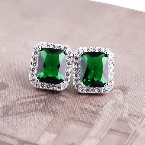 Luxe Smaragdgeslepen Zirconia Oorknopjes Met 925 Sterling Zilver Stift Rechthoekige Ingelegde Koperen Sieraden Voor Vrouwen